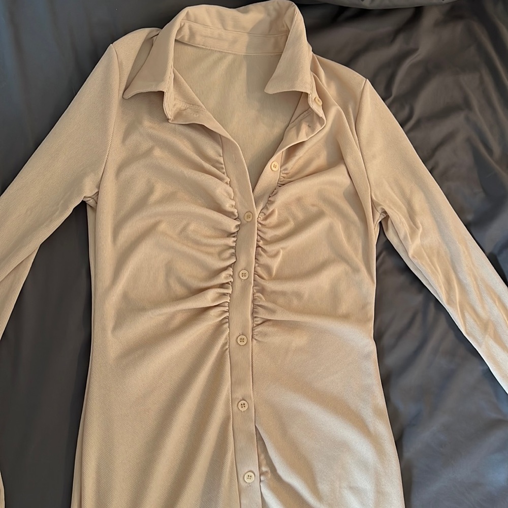 Ribbed Button Down Up Mini Dress in Beige